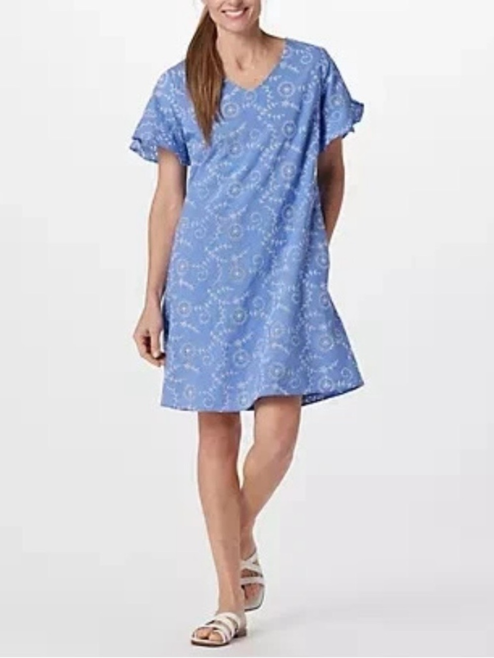 Isaac Mizrahi Dress Women Blue 16 Cotton Eyelet Swing White Embroidered Summer